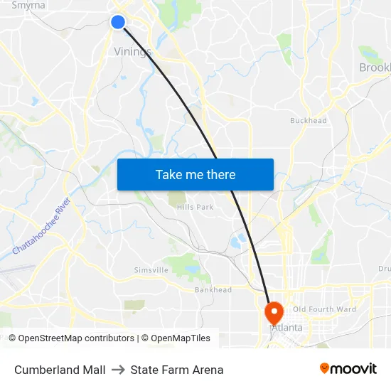 Cumberland Mall to State Farm Arena map