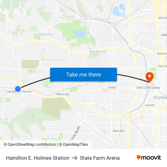 Hamilton E. Holmes Station to State Farm Arena map