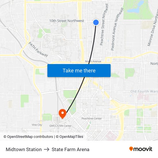 Midtown Station to State Farm Arena map