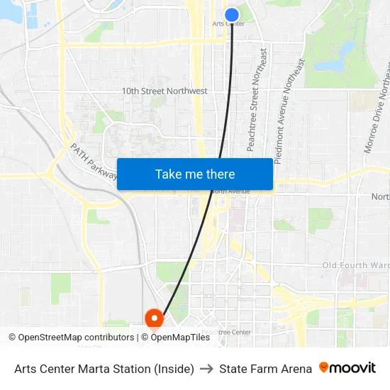 Arts Center Marta Station (Inside) to State Farm Arena map