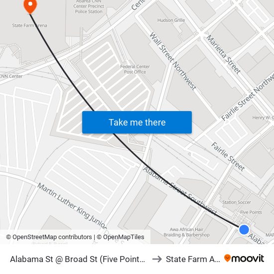 Alabama St @ Broad St (Five Points Station) to State Farm Arena map