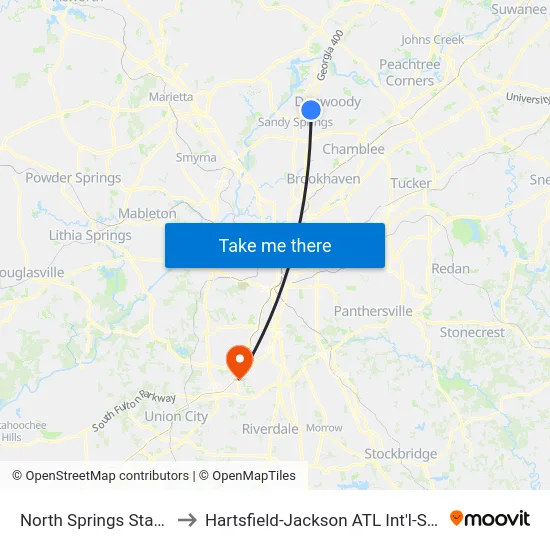 North Springs Station to Hartsfield-Jackson ATL Int'l-S Entr map
