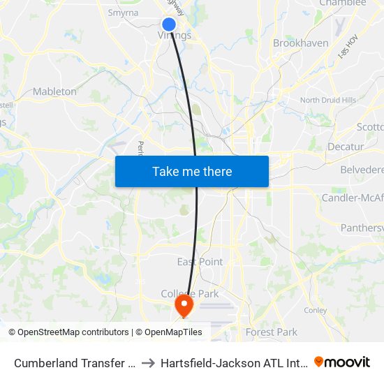 Cumberland Transfer Center to Hartsfield-Jackson ATL Int'l-S Entr map