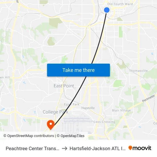 Peachtree Center Transit Station to Hartsfield-Jackson ATL Int'l-S Entr map
