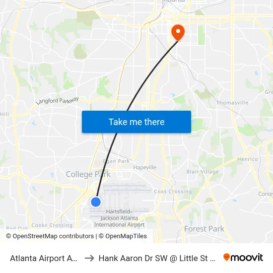 Atlanta Airport ATL to Hank Aaron Dr SW @ Little St SE map