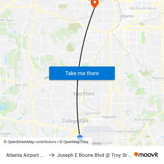 Atlanta Airport ATL to Joseph E Boone Blvd @ Troy St NW map