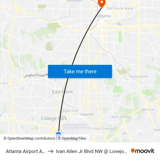 Atlanta Airport ATL to Ivan Allen Jr Blvd NW @ Lovejoy St map