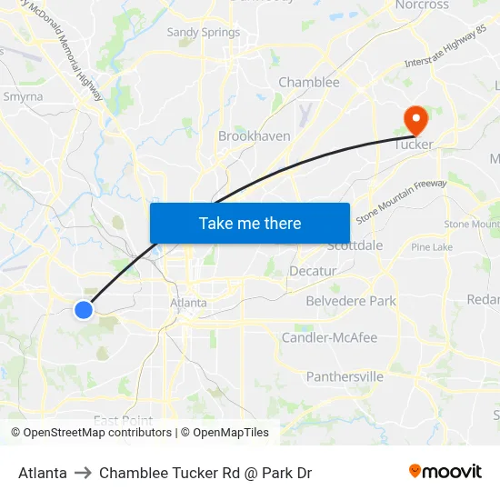 Atlanta to Chamblee Tucker Rd @ Park Dr map
