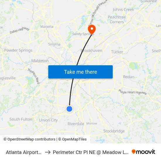 Atlanta Airport ATL to Perimeter Ctr Pl NE @ Meadow Lane Rd map