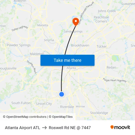 Atlanta Airport ATL to Roswell Rd NE @ 7447 map