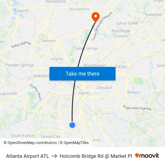 Atlanta Airport ATL to Holcomb Bridge Rd @ Market Pl map