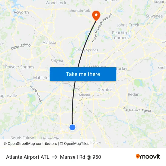 Atlanta Airport ATL to Mansell Rd @ 950 map