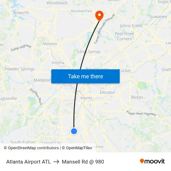 Atlanta Airport ATL to Mansell Rd @ 980 map
