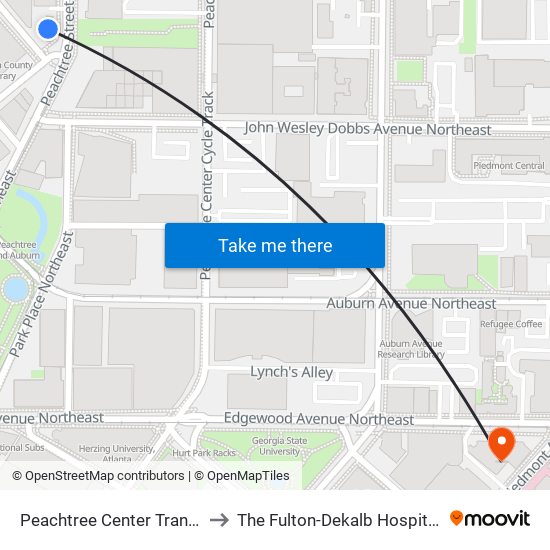 Peachtree Center Transit Station to The Fulton-Dekalb Hospital Authority map