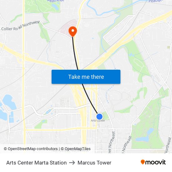 Arts Center Marta Station to Marcus Tower map
