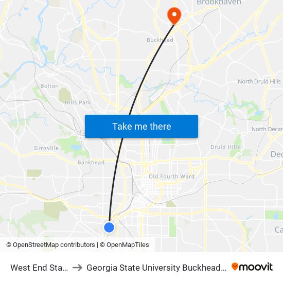 West End Station to Georgia State University Buckhead Center map