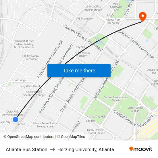 Atlanta Bus Station to Herzing University, Atlanta map