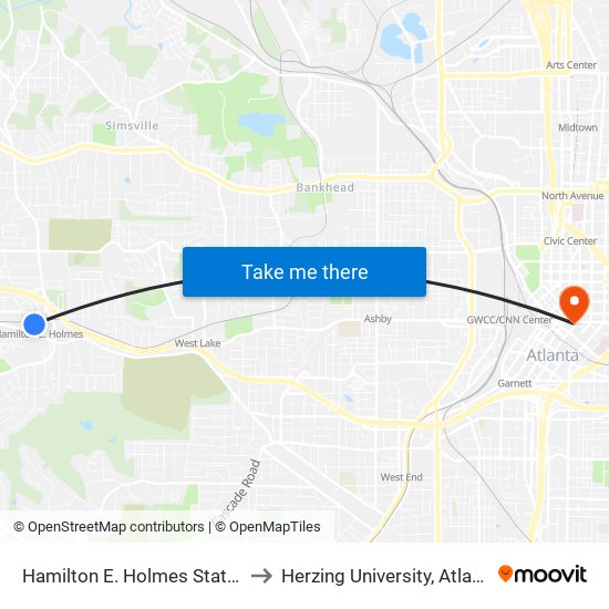 Hamilton E. Holmes Station to Herzing University, Atlanta map