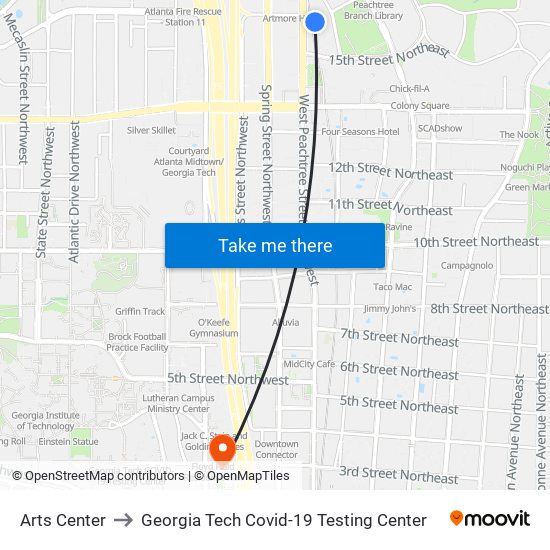 Arts Center to Georgia Tech Covid-19 Testing Center map