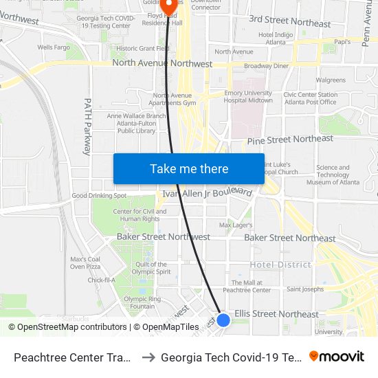 Peachtree Center Transit Station to Georgia Tech Covid-19 Testing Center map