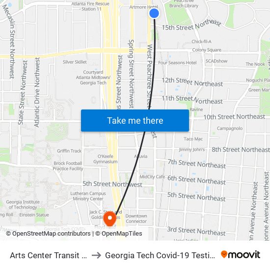 Arts Center Transit Station to Georgia Tech Covid-19 Testing Center map