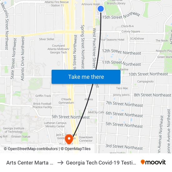 Arts Center Marta Station to Georgia Tech Covid-19 Testing Center map