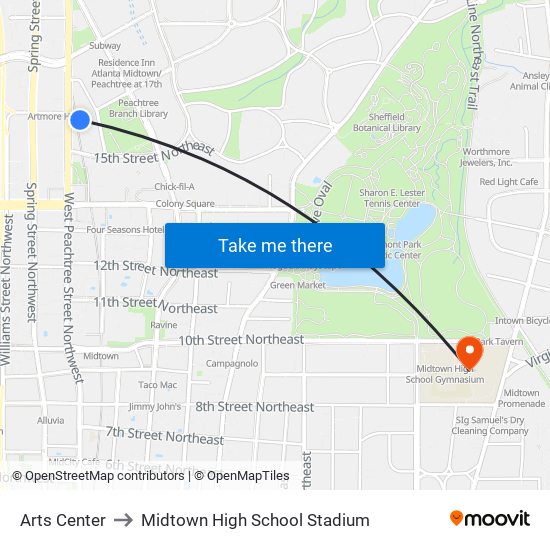 Arts Center to Midtown High School Stadium map