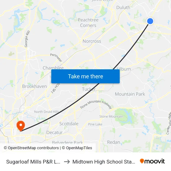 Sugarloaf Mills P&R Local to Midtown High School Stadium map
