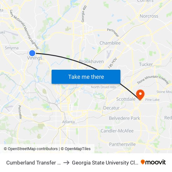 Cumberland Transfer Center to Georgia State University Clarkston map