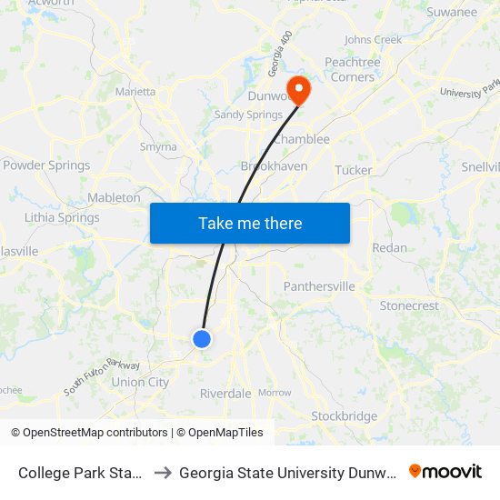 College Park Station to Georgia State University Dunwoody map