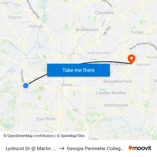 Lynhurst Dr @ Martin Luther King J Dr to Georgia Perimeter College Clarkston. Bldg F map
