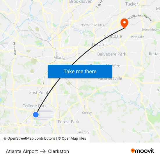 Atlanta Airport to Clarkston map