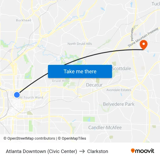 Atlanta Downtown (Civic Center) to Clarkston map