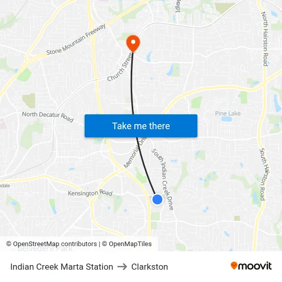 Indian Creek Marta Station to Clarkston map