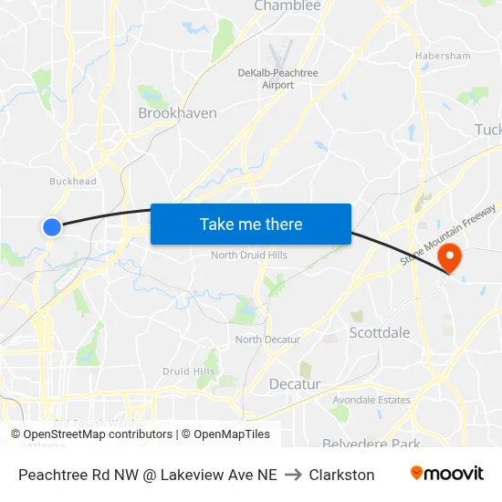 Peachtree Rd NW @ Lakeview Ave NE to Clarkston map