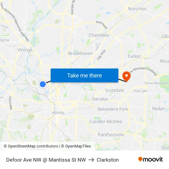 Defoor Ave NW @ Mantissa St NW to Clarkston map