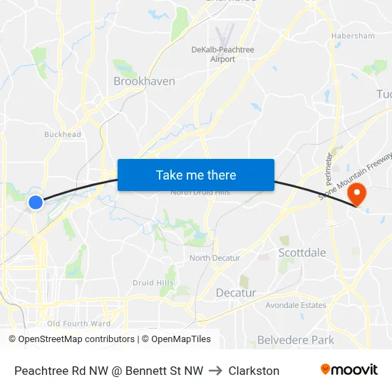 Peachtree Rd NW @ Bennett St NW to Clarkston map