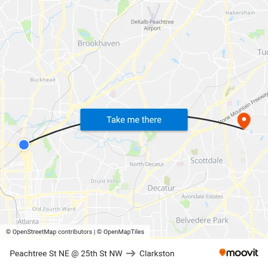Peachtree St NE @ 25th St NW to Clarkston map