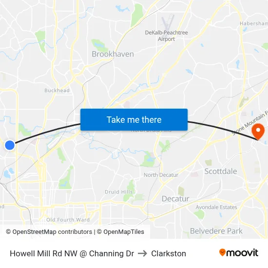 Howell Mill Rd NW @ Channing Dr to Clarkston map
