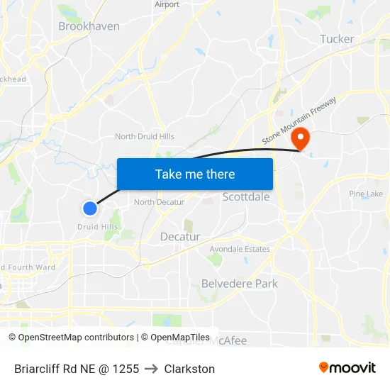 Briarcliff Rd NE @ 1255 to Clarkston map
