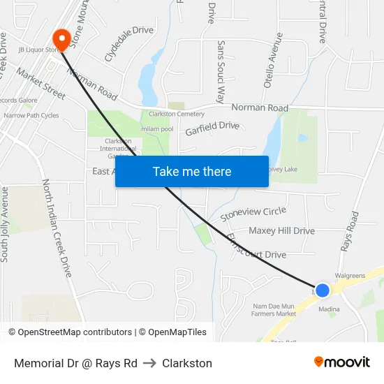 Memorial Dr @ Rays Rd to Clarkston map