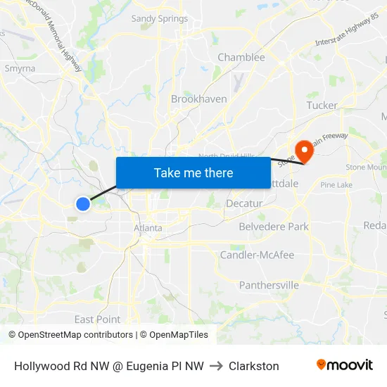 Hollywood Rd NW @ Eugenia Pl NW to Clarkston map