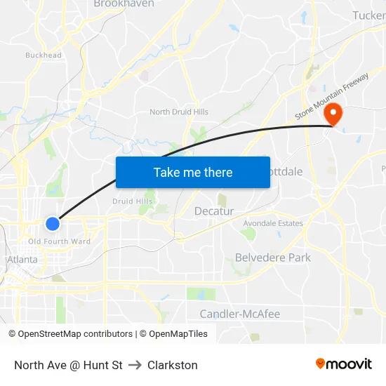 North Ave @ Hunt St to Clarkston map