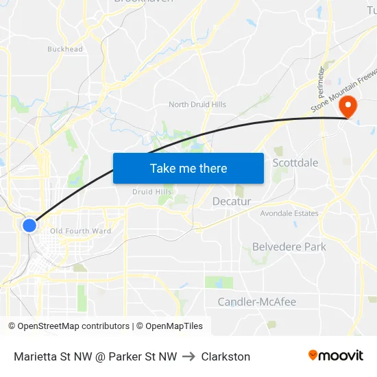 Marietta St NW @ Parker St NW to Clarkston map