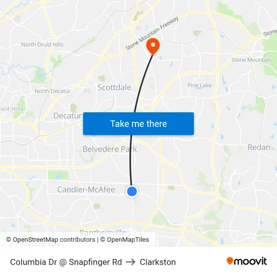 Columbia Dr @ Snapfinger Rd to Clarkston map
