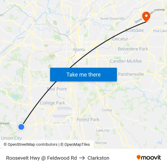 Roosevelt Hwy @ Feldwood Rd to Clarkston map