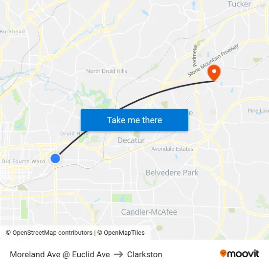 Moreland Ave @ Euclid Ave to Clarkston map