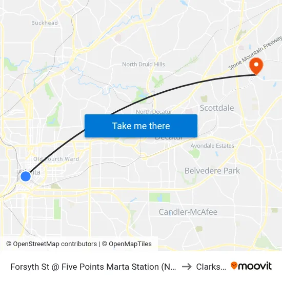Forsyth St @ Five Points Marta Station (Northbound) to Clarkston map