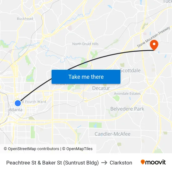 Peachtree St & Baker St (Suntrust Bldg) to Clarkston map