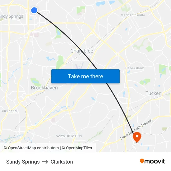 Sandy Springs to Clarkston map